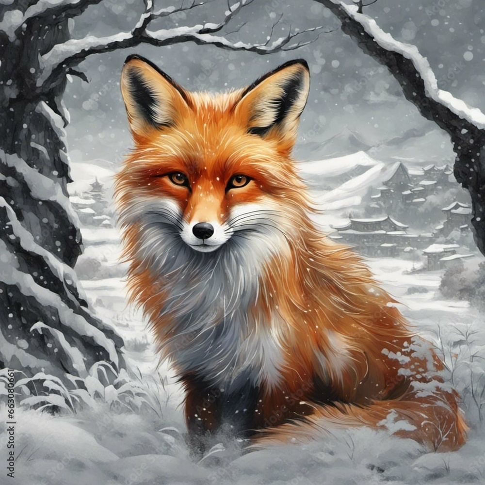 Fototapeta premium red fox in snow, contemporary art, detailed, high resolution