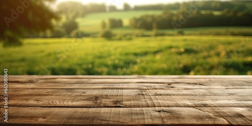 empty wooden table with vegitation background  photo