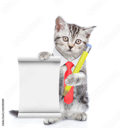 Smart kitten wearing eyeglasses and necktie standing on hind legs, holds the pen and showing empty list. isolated on white background