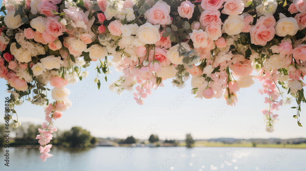 The image shows a beautiful arrangement of pink and white roses in a floral arch, with a serene lake and a clear blue sky in the background.