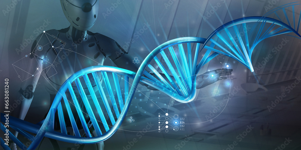 The work of artificial intelligence with DNA. 3D render.