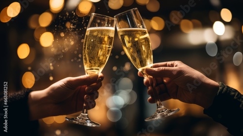 People raise champagne glasses to celebrate New Year and Christmas 2024