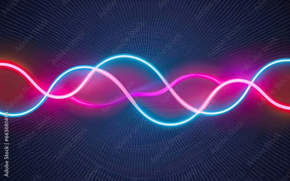 Neon rounded pulse waves with shining effects on dark background with Generative AI.