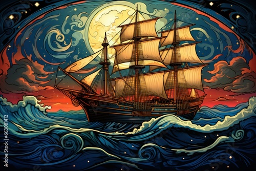 Mystical seafaring ships powered by enchanted winds - Generative AI