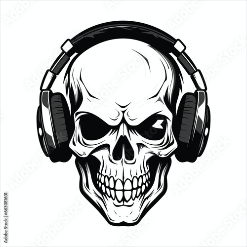 Skull with headset vector illustration. head of character in headphones black and white