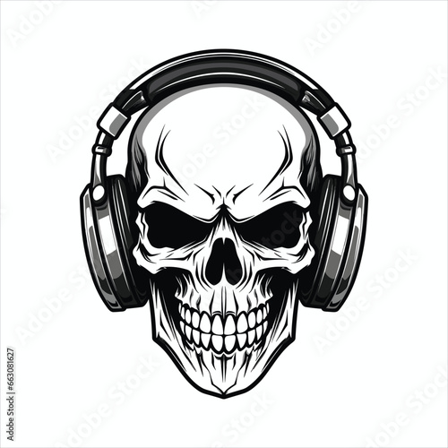 Skull with headset vector illustration. head of character in headphones black and white
