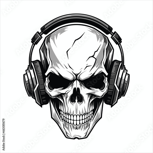 Skull with headset vector illustration. head of character in headphones black and white