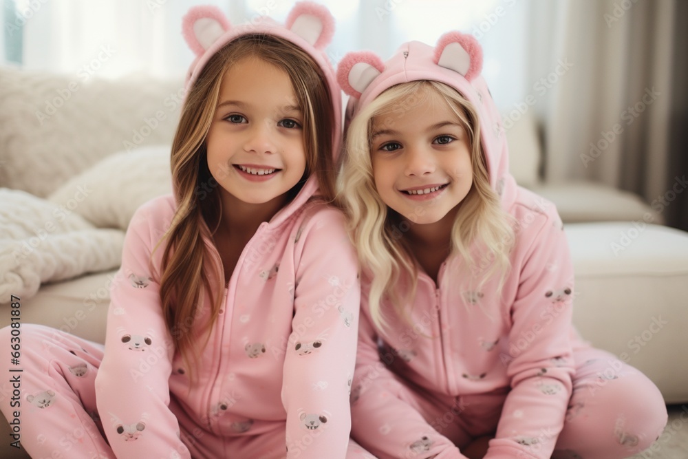 Two young girls having a pajama party, cuddling and sharing secrets on their bed Two young girls having a pajama party, cuddling and sharing secrets on their bed