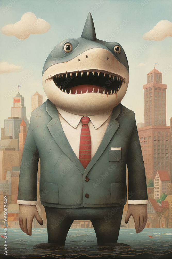 Fototapeta premium Portrait of a Successful Business Shark Businessman with Suit and Tie building Wealth Money Fortune
