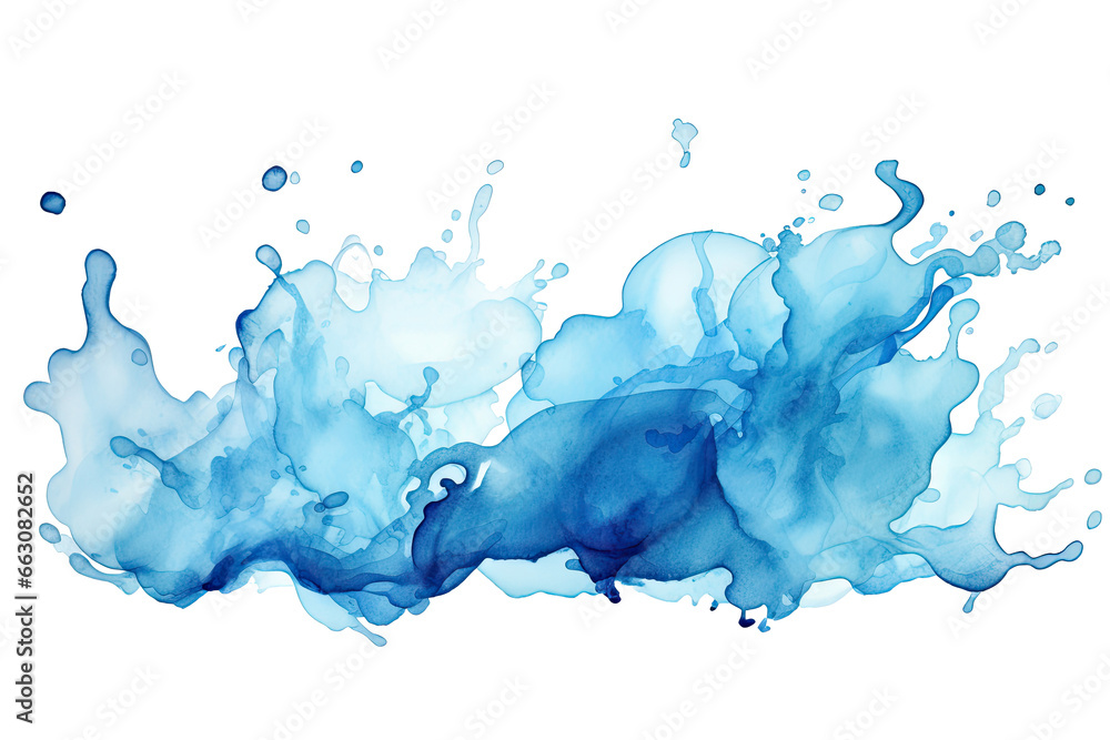 Watercolor of Blue ink or water swirl splash with little bubbles isolated on transparent png background, liquid flowing in form of wave, brush strokes, stain grunge. - obrazy, fototapety, plakaty 