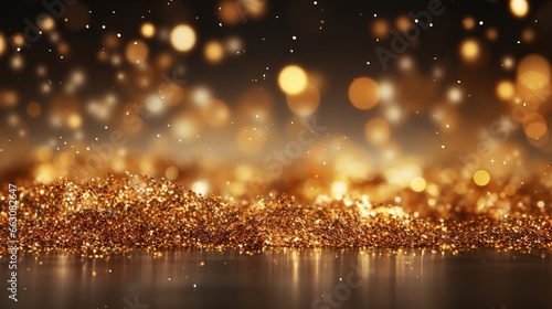 Photo of gold glitter on a black background creating a mesmerising and sparkling effect created with Generative AI technology