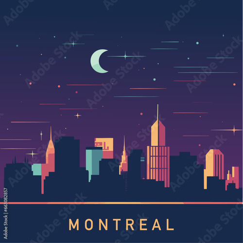 Montreal Canada cityscape, skyline at night. Panorama vector poster with city landmarks, skyscrapers, towers, real estate with abstract silhouettes  