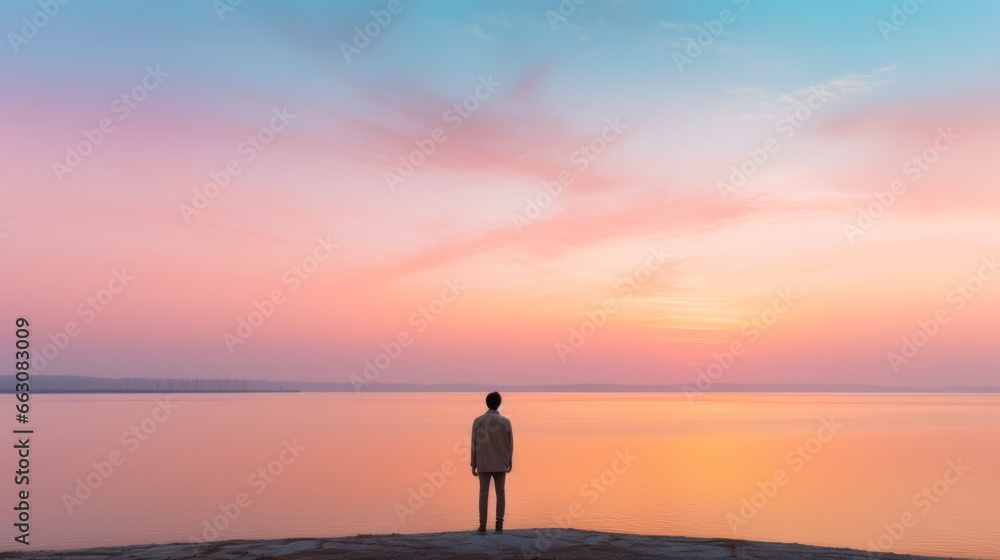 A lone figure looking out at the sunrise on a serene pink background in the new year