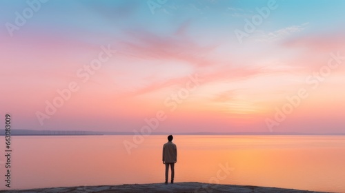 A lone figure looking out at the sunrise on a serene pink background in the new year