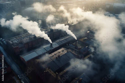 Bird's-eye view of factory with steam emitting from chimneys. Generative AI