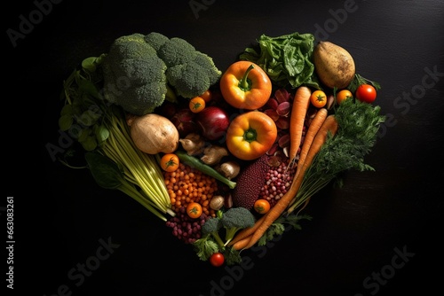 A detoxifying and immune-boosting conceptual image with heart-shaped vegetables on a dark background. Generative AI