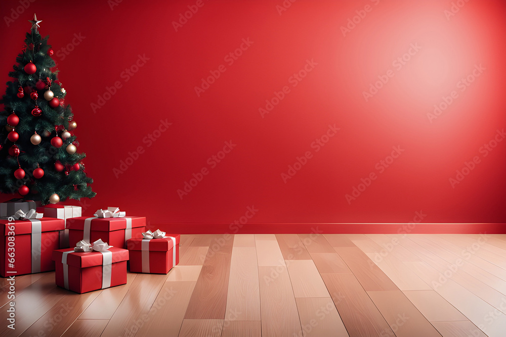 Red background with modern New Year's. Christmas tree with gift boxes. Red background with modern New Year's. Christmas tree with gift boxes.