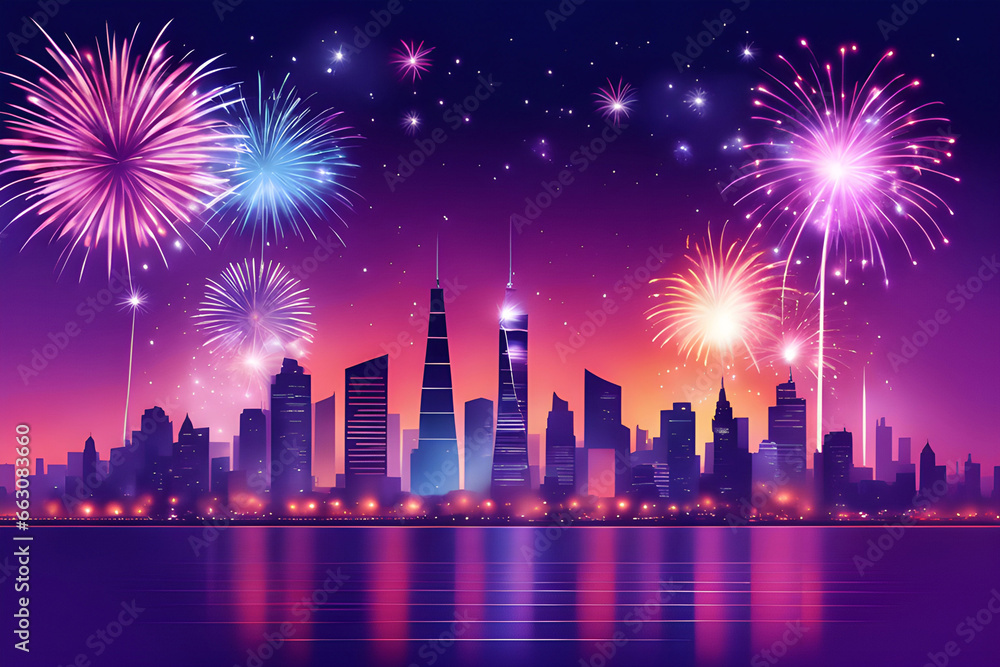 A dynamic fireworks display against a midnight sky on the city, Happy New Year 's background