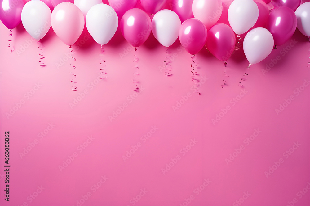 A bunch of helium balloons rising on a pink background, perfect for birthdays, anniversaries and parties with copy space.