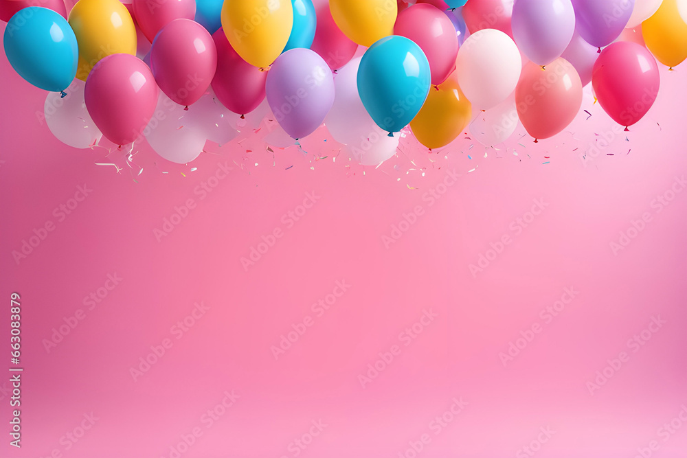 A bunch of helium balloons rising on a pink background, perfect for birthdays, anniversaries and parties with copy space.