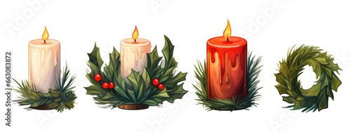 Collection of isolated object illustrations christmas wreath christmas gift candles Beautiful bright color cartoon isolated on transparent background