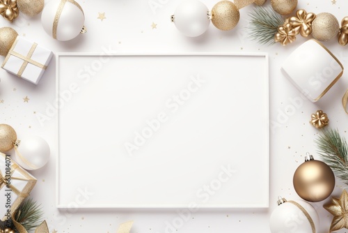 white christmas card with white and golden christmas balls and gift box