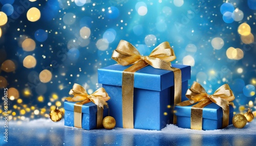 christmas background with gift boxes, Holiday Magic: Blue Presents Wrapped in Gold © Dostain