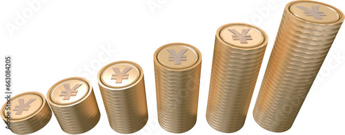 Digital png illustration of stacks of gold yen coins on transparent background