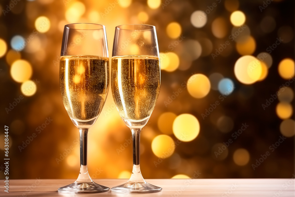 Two glasses of champagne on the table. New Year's champagne. Christmas background Two glasses of champagne on the table. New Year's champagne. Christmas background