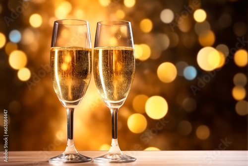 Two glasses of champagne on the table. New Year s champagne. Christmas background