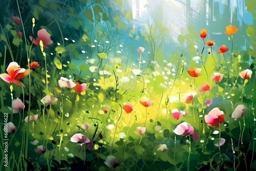 background with blossoming flowers and lush green meadow. Generative AI