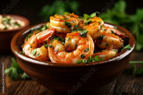 A savory dish with seasoned fried shrimp garnished with garlic, butter, and parsley. Generative AI
