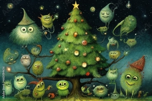 Christmas tree with amusing green creatures. Generative AI