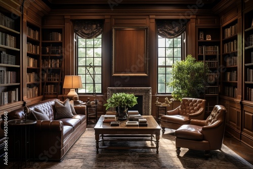 Plan a traditional library with rich wood paneling and classic furniture