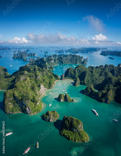Aerial view of Ha Long Bay on beautiful sunny day
