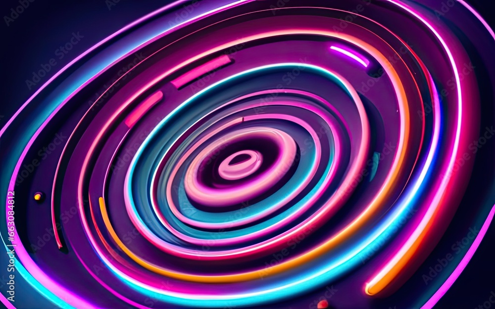 Neon rounded circle frame with shining effects on dark background with Generative AI. Neon rounded circle frame with shining effects on dark background with Generative AI.