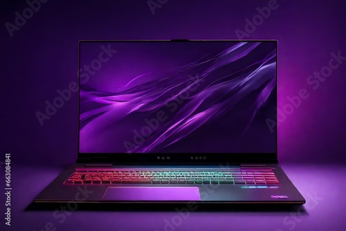 A high-end gaming laptop with RGB lighting accents on a deep purple background.