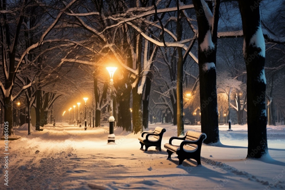 A snowy park scene with trees and benches. Generative AI