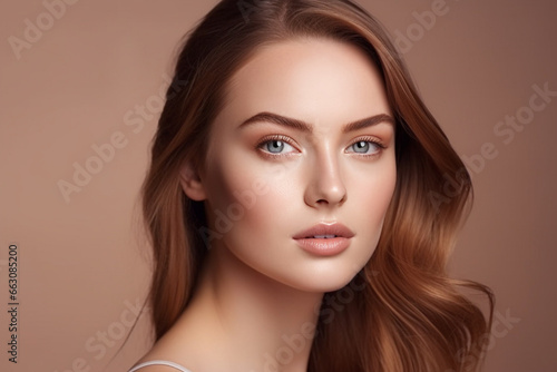 Portrait of beautiful young woman.The face of a beautiful with perfect smooth skin. on a brown background.