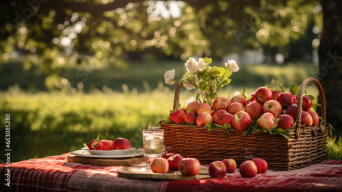 Red apples on a table outside and a cider