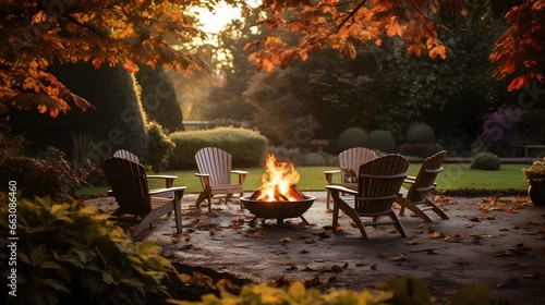 photograph of luxurious garden with autumn leaves and a fire pit surrounded by modern contemporary chairs