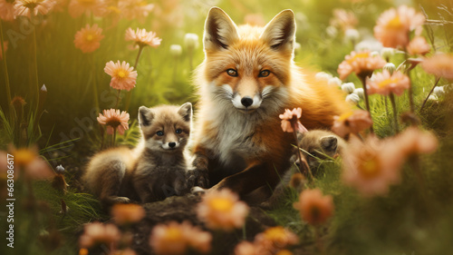 Mother fox with her cubs surrounded by flowers
