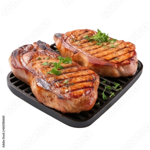 Grilled pork chops steaks isolated on white transparent background, PNG