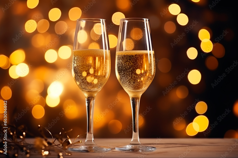 Two glasses of champagne on the table. New Year's champagne. Christmas background Two glasses of champagne on the table. New Year's champagne. Christmas background