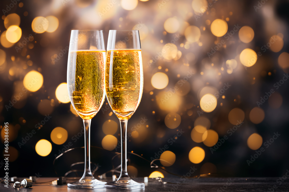 Two glasses of champagne on the table. New Year's champagne. Christmas background Two glasses of champagne on the table. New Year's champagne. Christmas background