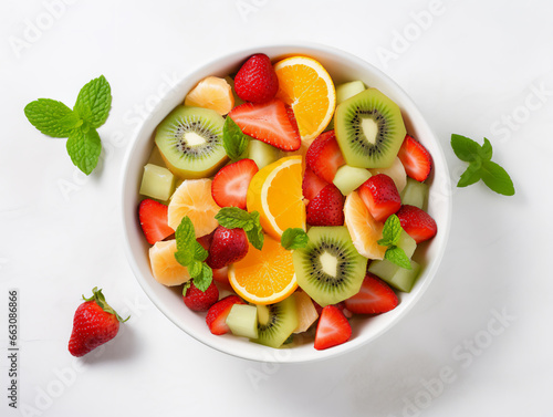 Fresh fruit salad in a bowl  top view  close-up