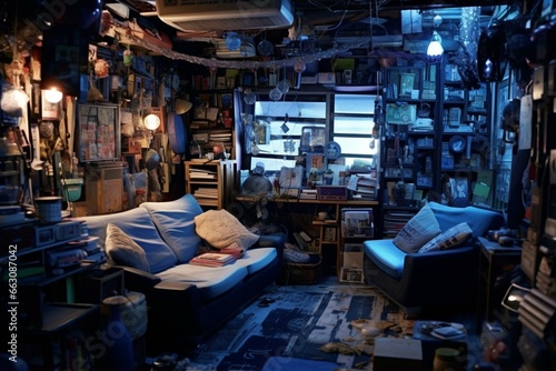 Messy, cluttered apartment with Asian-inspired, sci-fi interior. Chaotic living room in blue tone. Illuminated by light. Generative AI