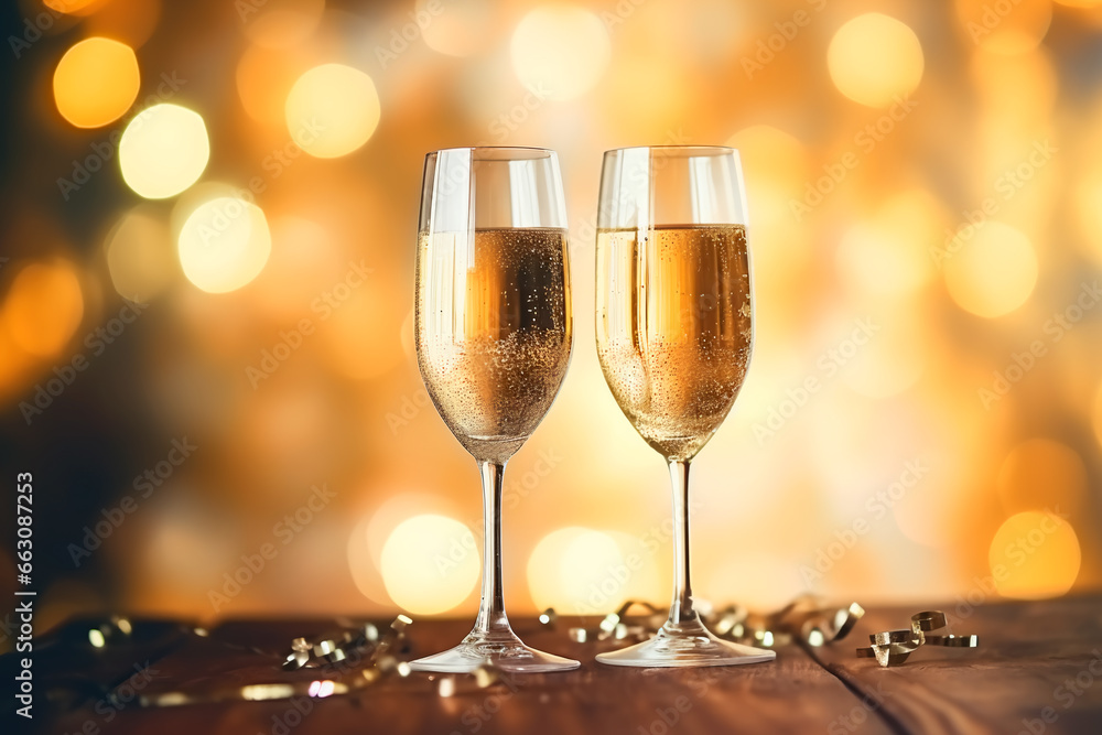 Two glasses of champagne on the table. New Year's champagne. Christmas background Two glasses of champagne on the table. New Year's champagne. Christmas background