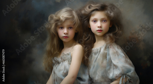 A studio portrait of two young sisters or friends wearing elegant dresses, one with long blond hair, the other with brown hair.