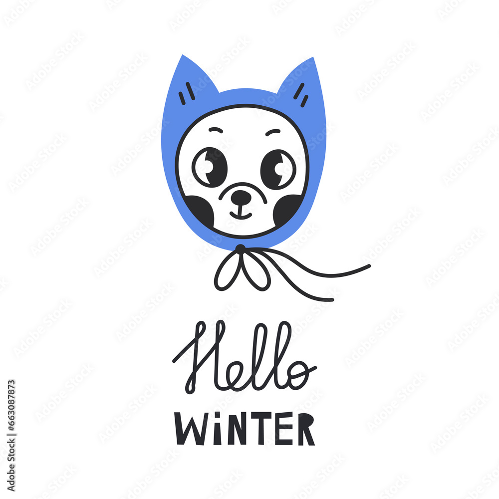 Hello winter lettering with cute Chihuahua dog. Funny cartoon puppy in a hat. Seasonal greeting card, poster with handwritten lettering. Vector illustration in doodle style Hello winter lettering with cute Chihuahua dog. Funny cartoon puppy in a hat. Seasonal greeting card, poster with handwritten lettering. Vector illustration in doodle style